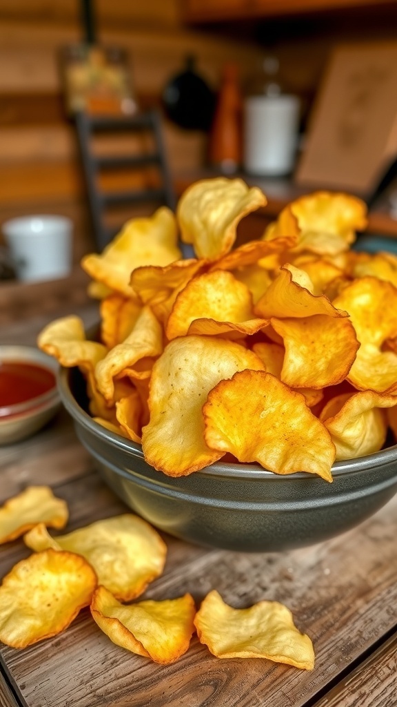 A bowl of golden crispy potato chips with a small bowl of dip on a rustic wooden table.